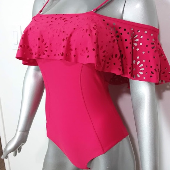 SALE!!Small Solid Red Off-the-shoulder Ruffles One-piece Swimsuit Sexy High Rise - Picture 3 of 6